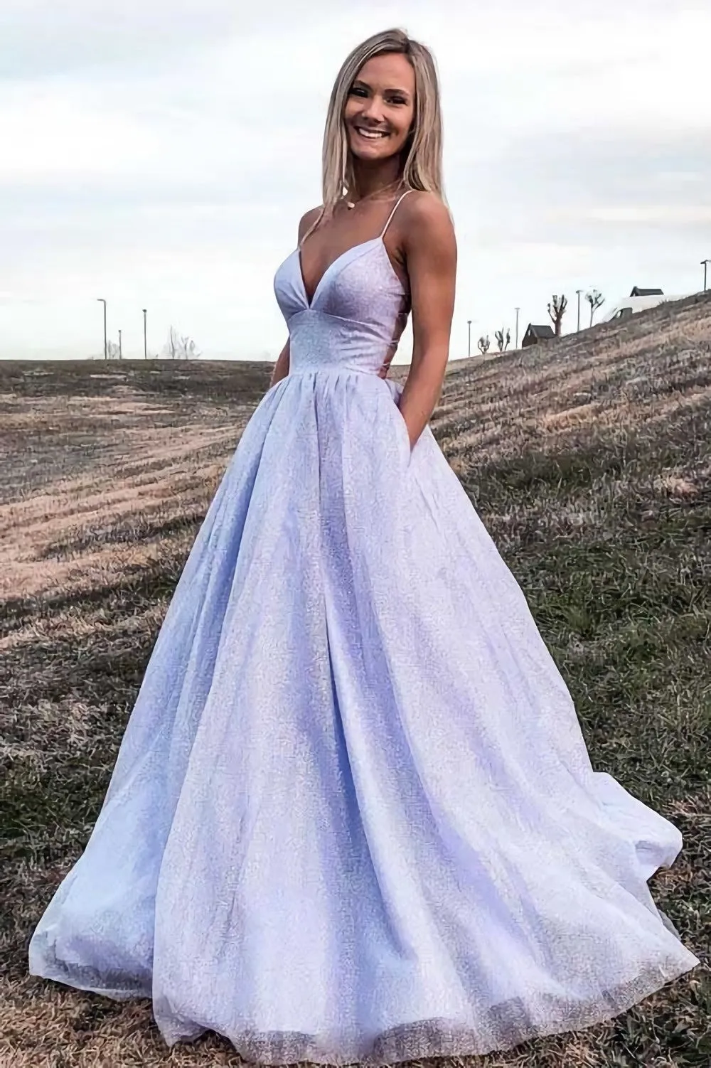 Sparkly A-Line Lavender Long Prom Dress