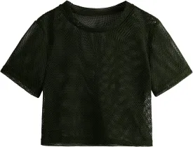 SweatyRocks Women's Sexy Sheer Mesh Fishnet Net Short Sleeve T-Shirt Crop Top