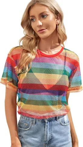 SweatyRocks Women's Sexy Sheer Mesh Fishnet Net Short Sleeve T-Shirt Crop Top