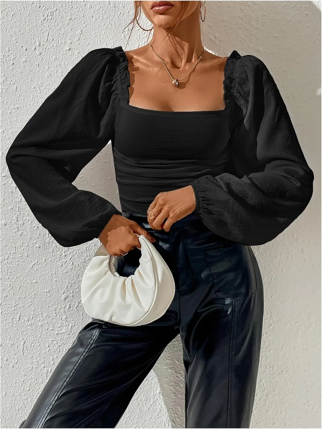 SweatyRocks Women's Square Neck Long Sleeve Crop Tops Puff Sleeve Ruched Blouse
