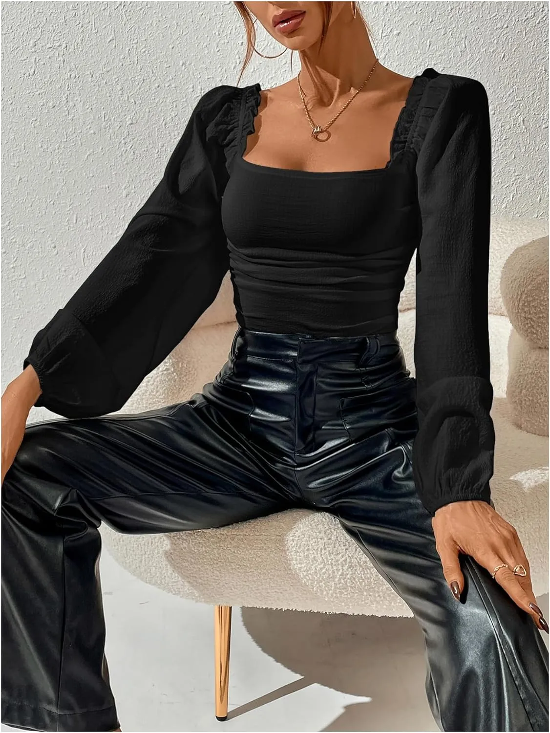 SweatyRocks Women's Square Neck Long Sleeve Crop Tops Puff Sleeve Ruched Blouse