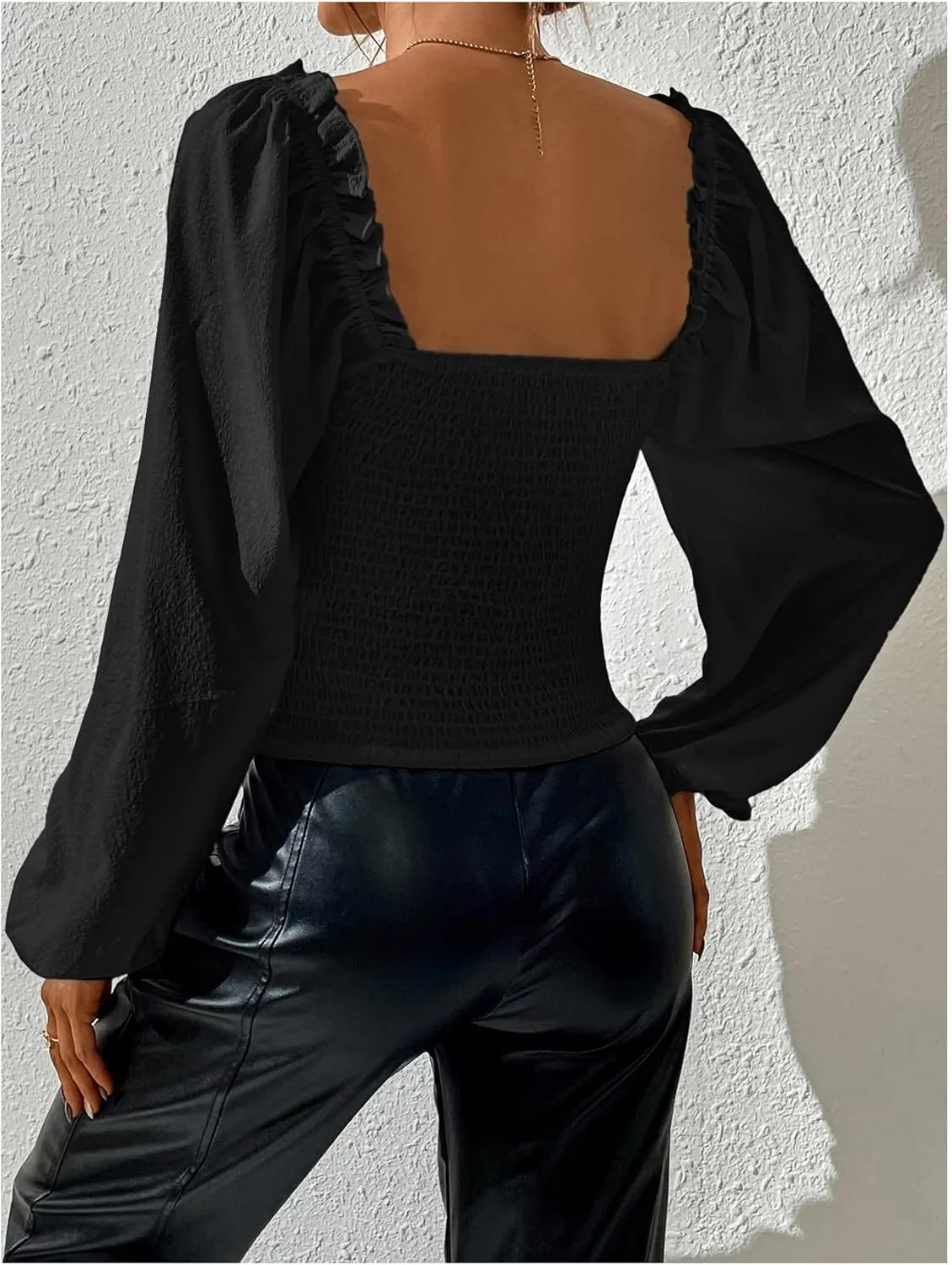 SweatyRocks Women's Square Neck Long Sleeve Crop Tops Puff Sleeve Ruched Blouse