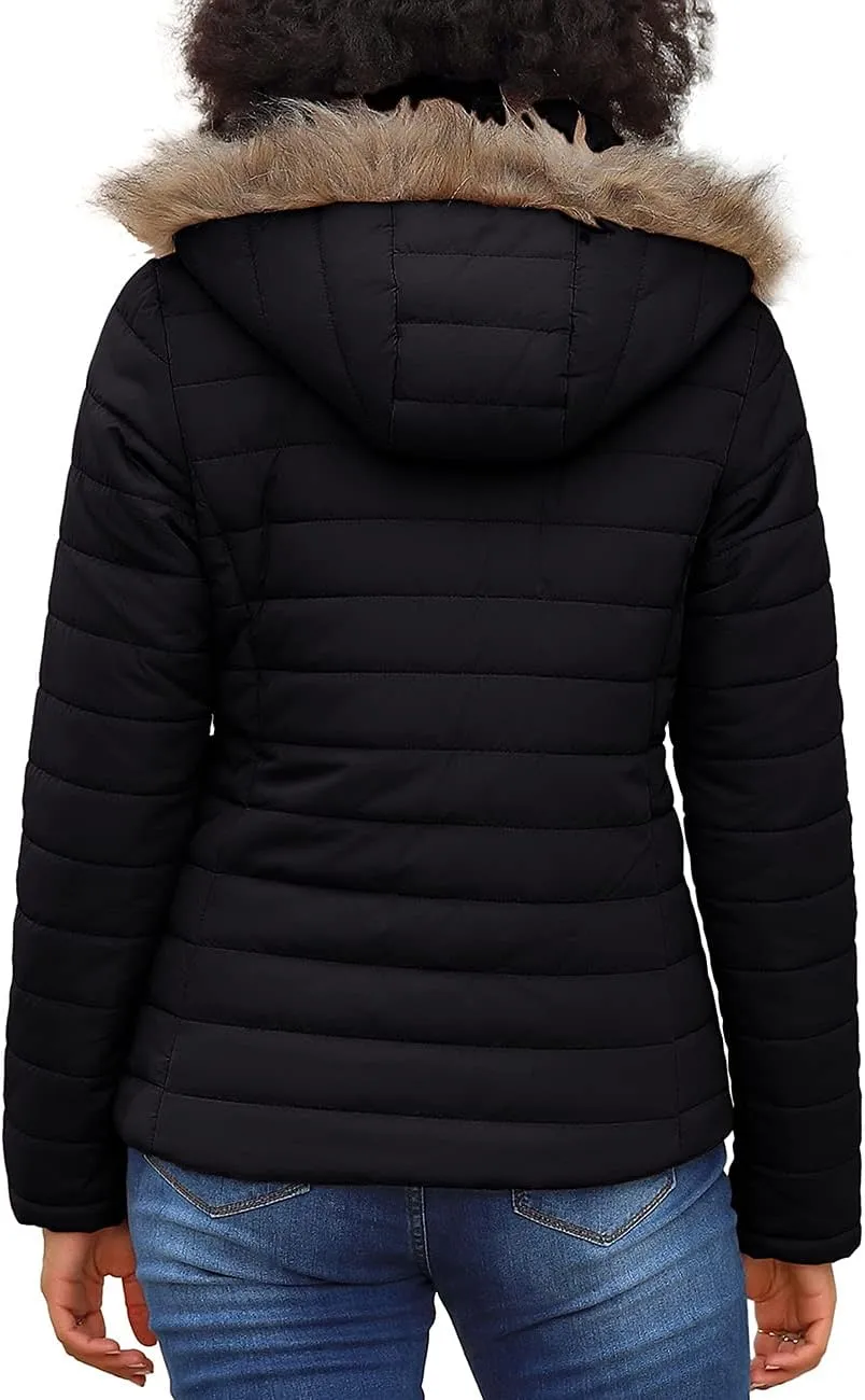 Vetinee Women Casual Faux Fur Lapel Zip Pockets Quilted Parka Jacket Puffer Coat