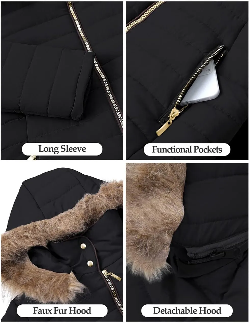 Vetinee Women Casual Faux Fur Lapel Zip Pockets Quilted Parka Jacket Puffer Coat