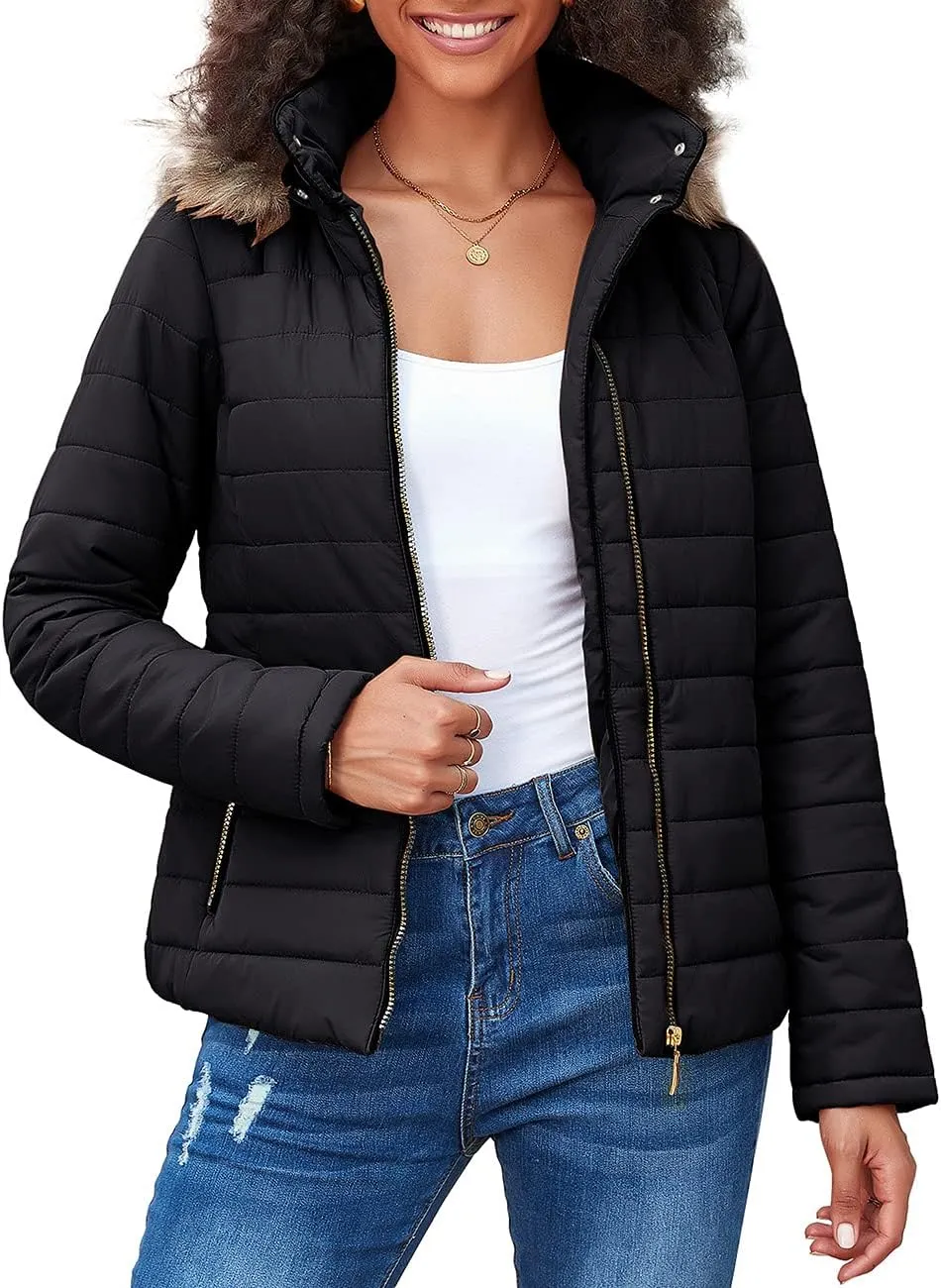 Vetinee Women Casual Faux Fur Lapel Zip Pockets Quilted Parka Jacket Puffer Coat