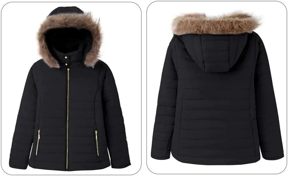 Vetinee Women Casual Faux Fur Lapel Zip Pockets Quilted Parka Jacket Puffer Coat