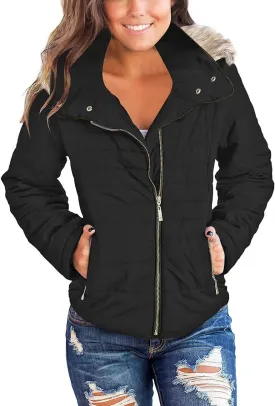 Vetinee Women Casual Faux Fur Lapel Zip Pockets Quilted Parka Jacket Puffer Coat