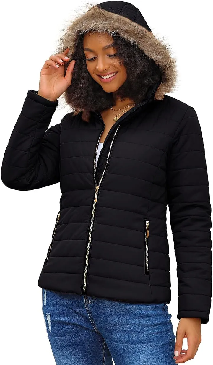 Vetinee Women Casual Faux Fur Lapel Zip Pockets Quilted Parka Jacket Puffer Coat