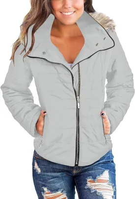 Vetinee Women Casual Faux Fur Lapel Zip Pockets Quilted Parka Jacket Puffer Coat