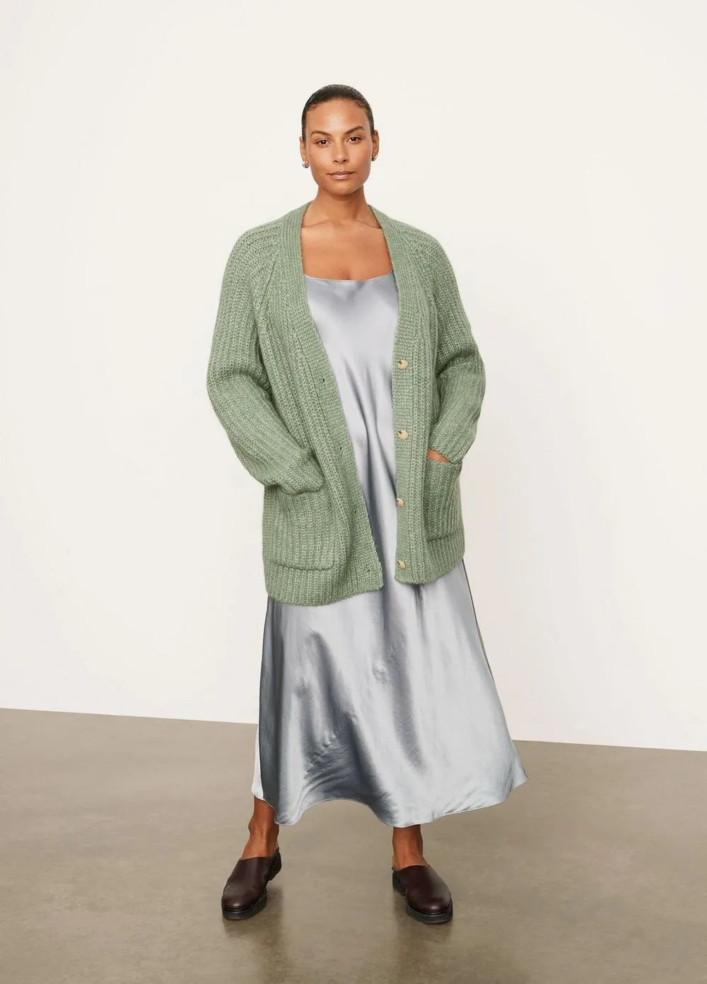 Vince - Ribbed Pocket Cardigan in Jadeite