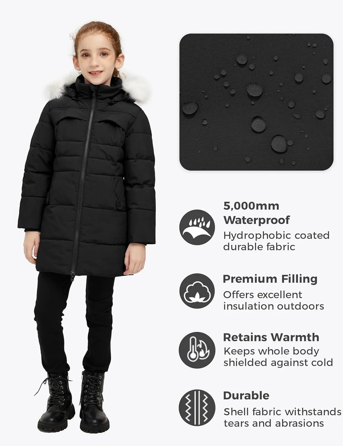 wantdo Girl's Winter Coat Waterproof Long Puffer Jacket Warm Parka with Faux Fur Hood