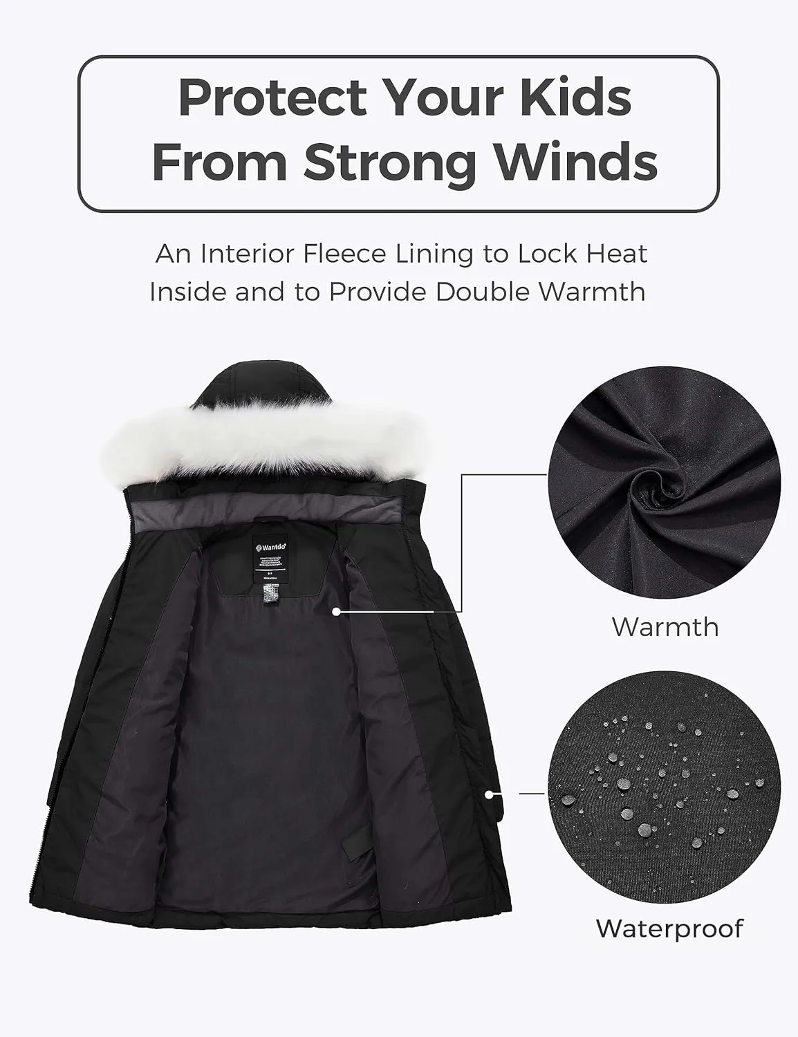 wantdo Girl's Winter Coat Waterproof Long Puffer Jacket Warm Parka with Faux Fur Hood