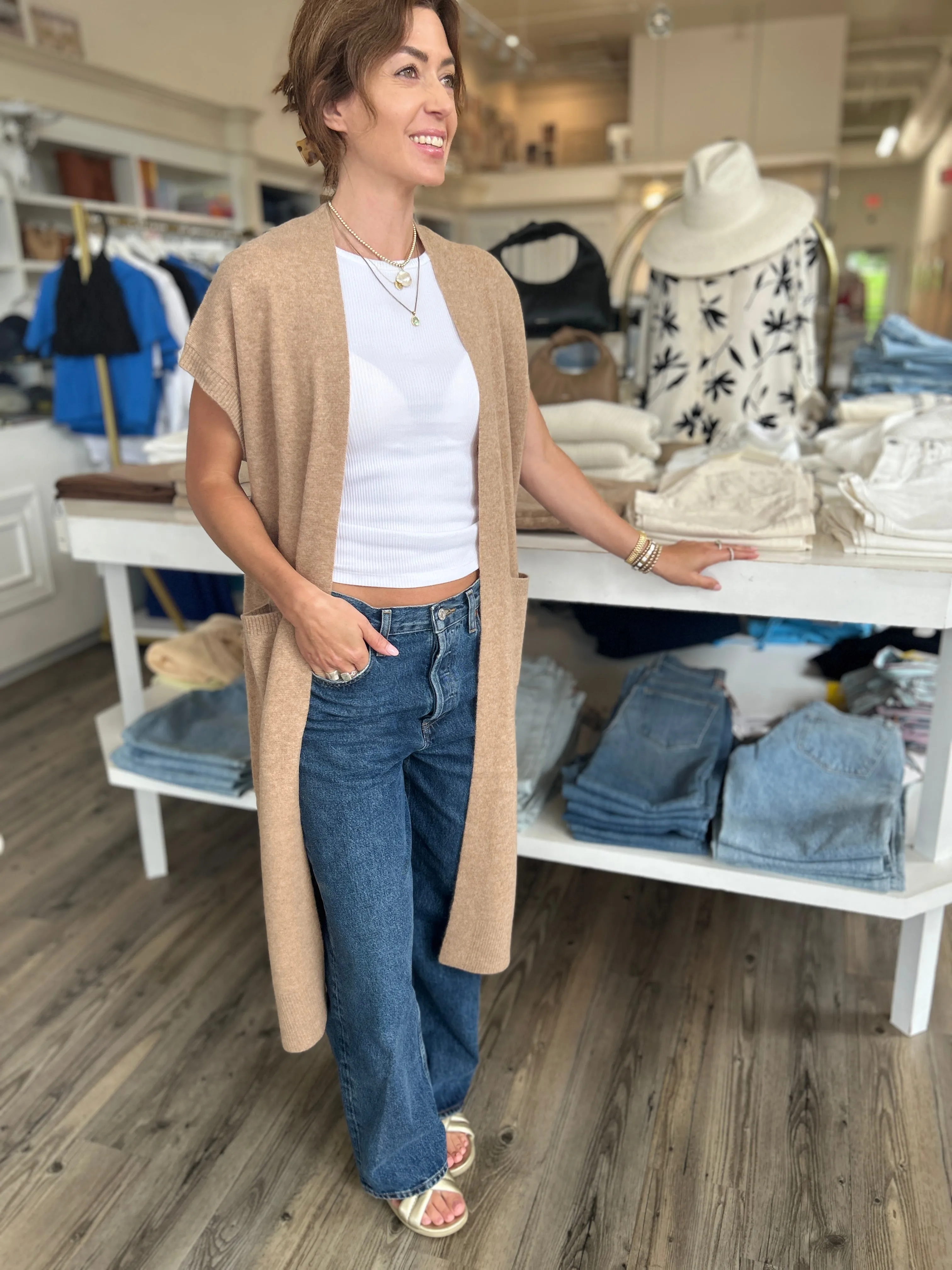 White  Warren - Cashmere Long Open Cardigan in Camel Heather