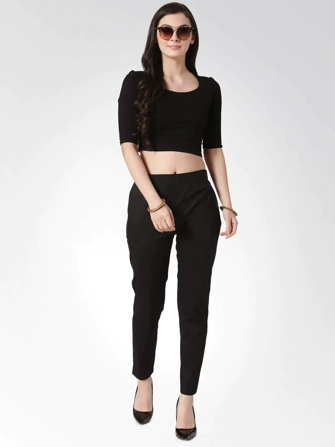 Women Black Smart Slim Fit Solid Regular Trousers