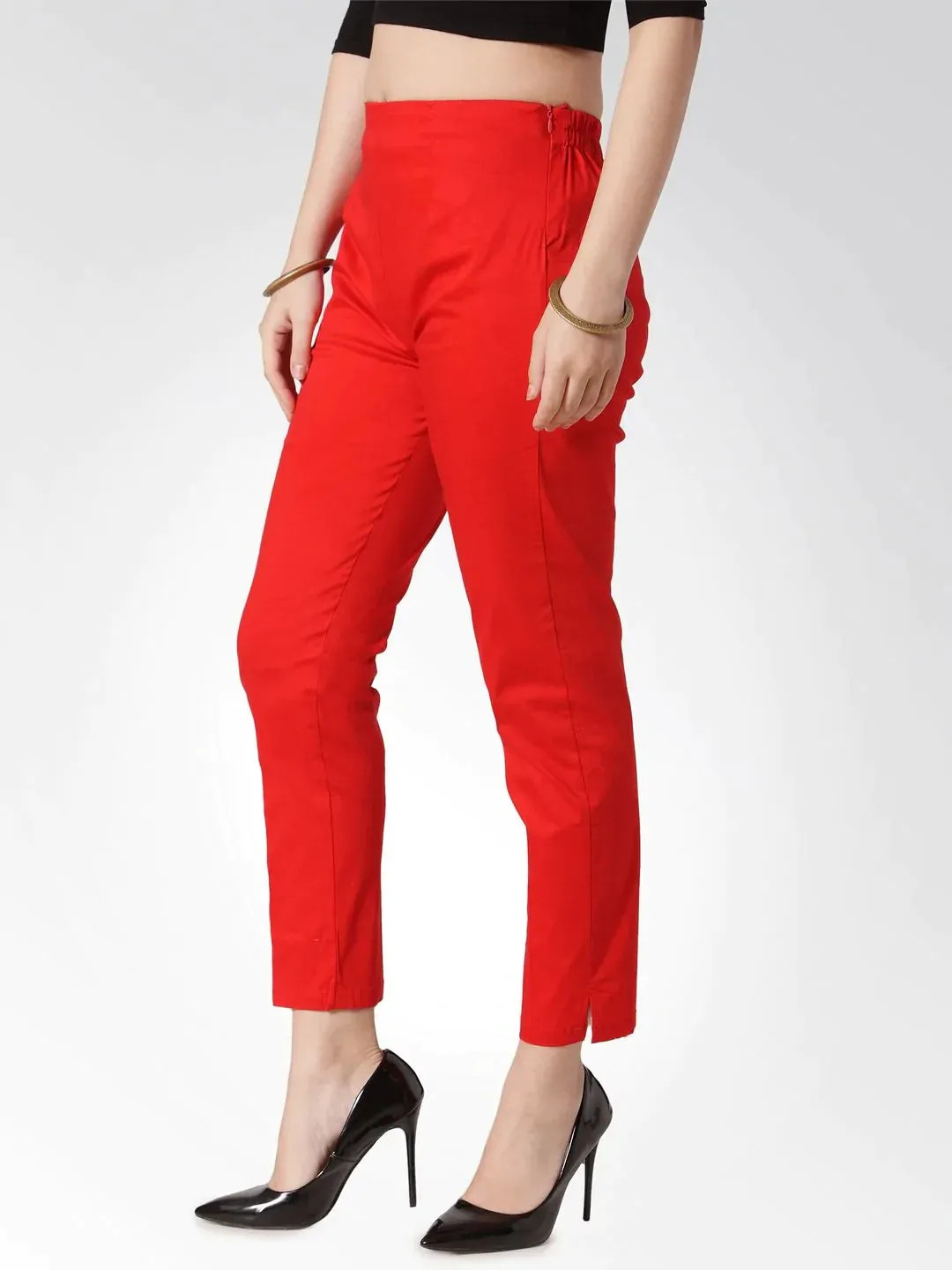 Women Red Smart Slim Fit Solid Regular Trousers