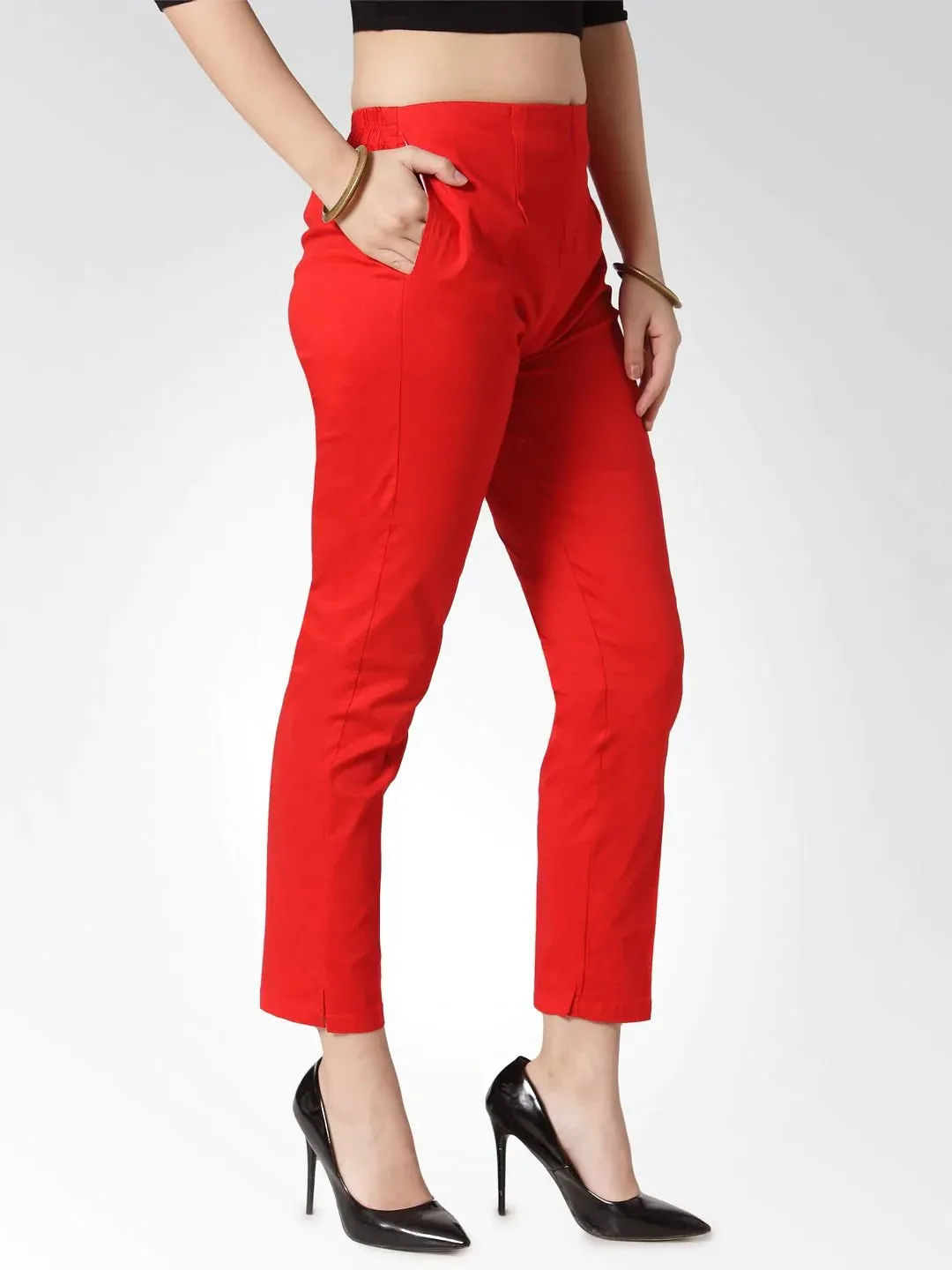 Women Red Smart Slim Fit Solid Regular Trousers