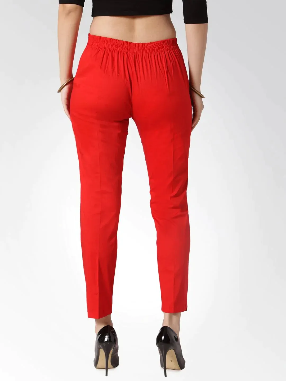 Women Red Smart Slim Fit Solid Regular Trousers