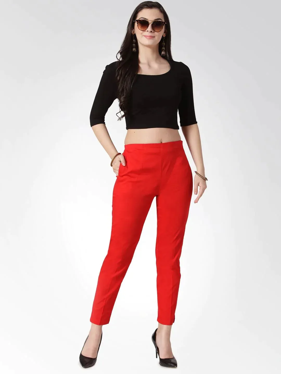 Women Red Smart Slim Fit Solid Regular Trousers