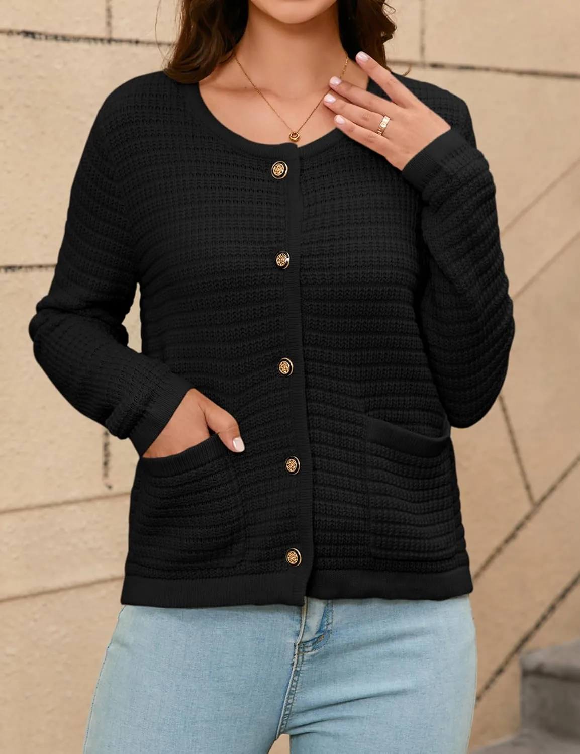 Women's Button Down Cardigan Sweater Chunky Open Front Crew Neck Causal Long Sleeve Knit Outwear with Pockets