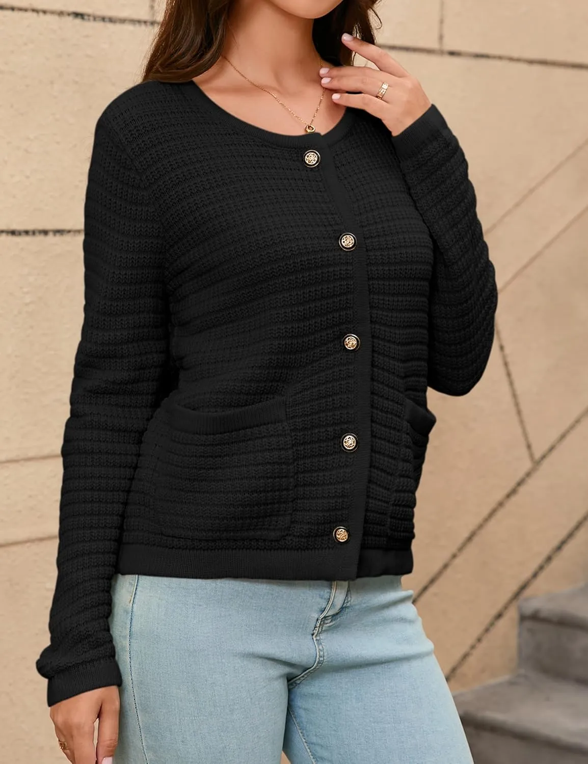 Women's Button Down Cardigan Sweater Chunky Open Front Crew Neck Causal Long Sleeve Knit Outwear with Pockets