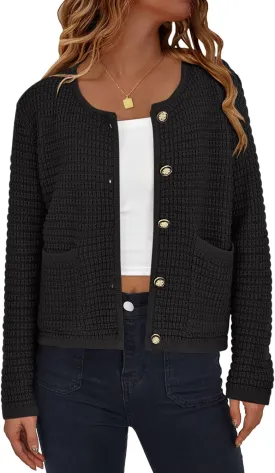 Women's Button Down Cardigan Sweater Chunky Open Front Crew Neck Causal Long Sleeve Knit Outwear with Pockets