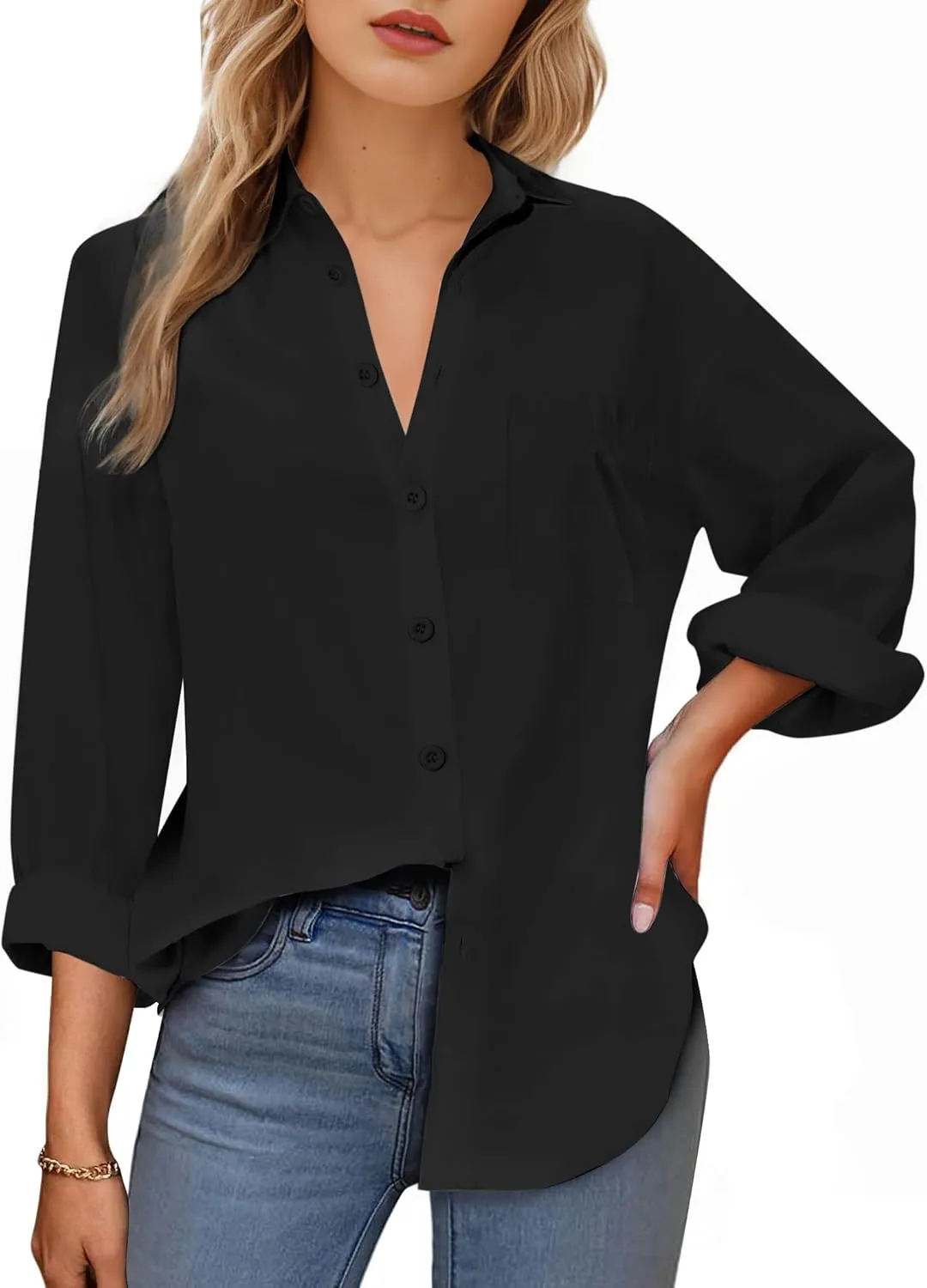 Womens Button Down Shirts, Long Sleeve Cotton Blouse for Women Casual, Collar Long Sleeve Blouse Tops for Pocket
