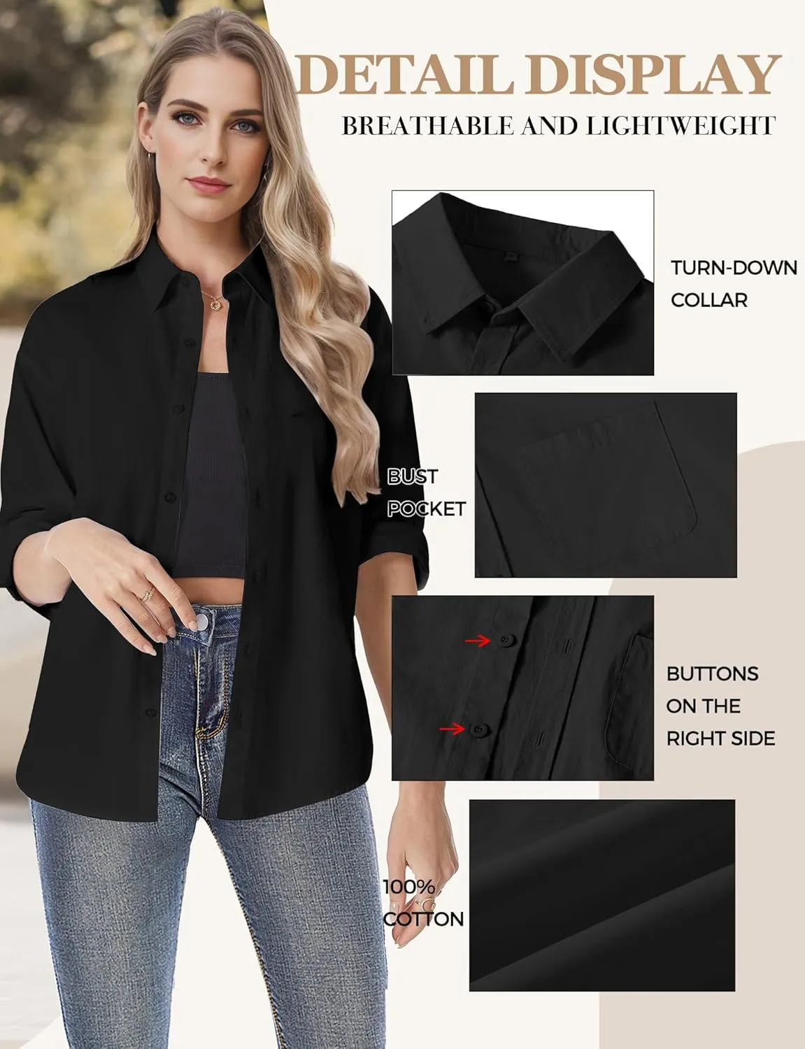 Womens Button Down Shirts, Long Sleeve Cotton Blouse for Women Casual, Collar Long Sleeve Blouse Tops for Pocket