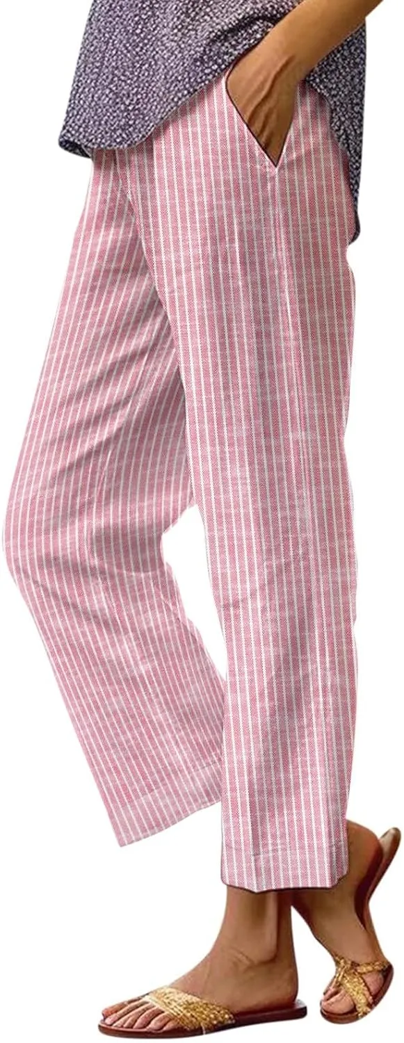 Women's Casual Boho Striped Cotton Linen Pants Elastic Waist Drawstring Summer Beach Baggy Capri Straight Leg Trouser