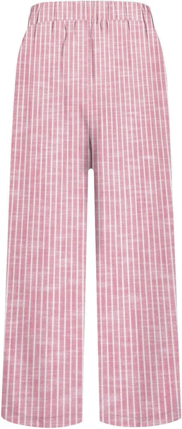 Women's Casual Boho Striped Cotton Linen Pants Elastic Waist Drawstring Summer Beach Baggy Capri Straight Leg Trouser