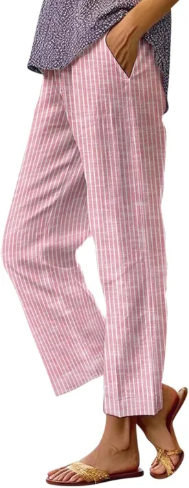 Women's Casual Boho Striped Cotton Linen Pants Elastic Waist Drawstring Summer Beach Baggy Capri Straight Leg Trouser