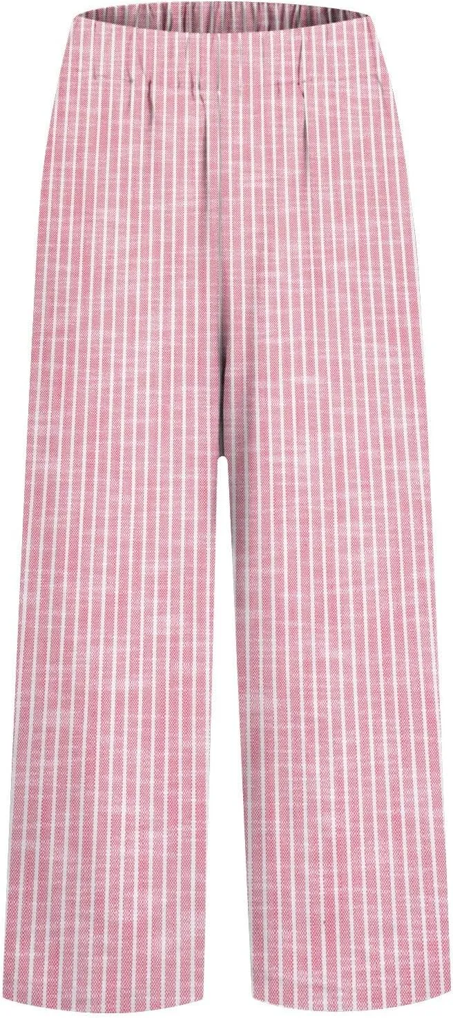 Women's Casual Boho Striped Cotton Linen Pants Elastic Waist Drawstring Summer Beach Baggy Capri Straight Leg Trouser