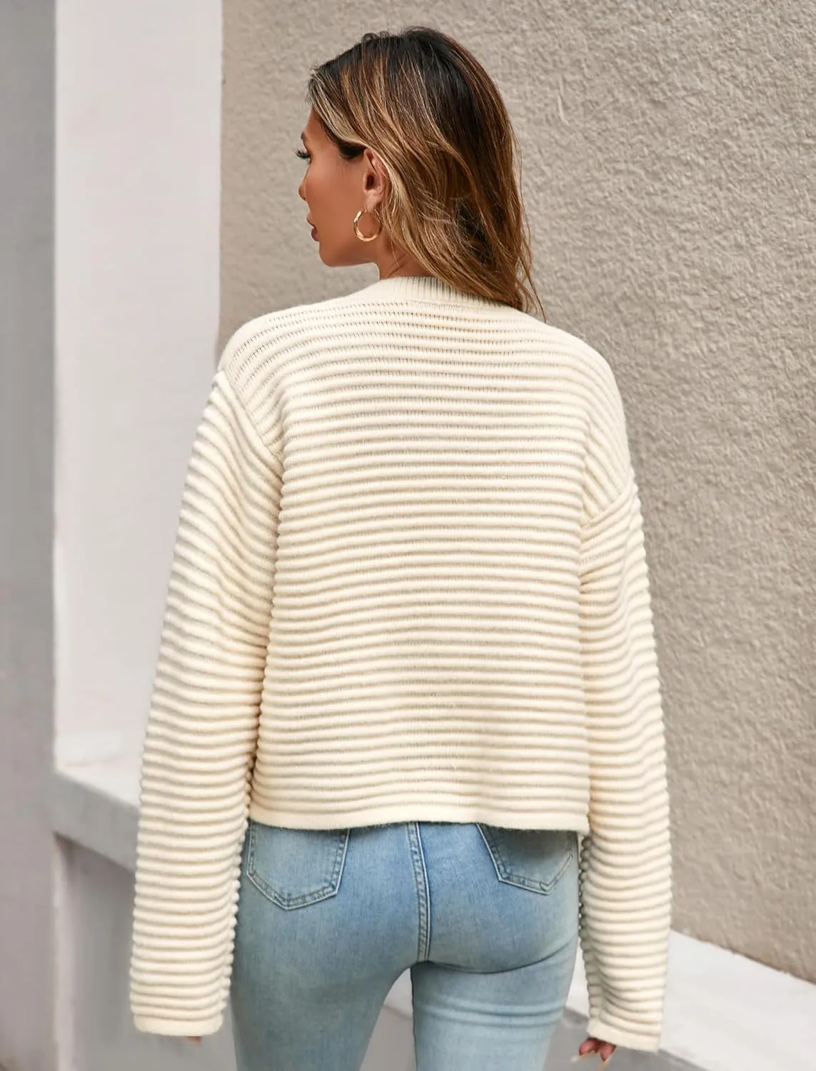 Womens Cute Chunky Ribbed Knit Crewneck Button Fluffy Cropped Long Sleeve Sweater Cardigan 2025