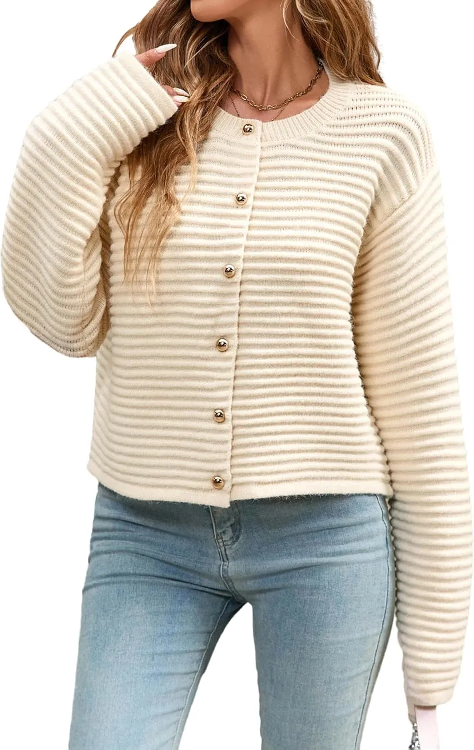 Womens Cute Chunky Ribbed Knit Crewneck Button Fluffy Cropped Long Sleeve Sweater Cardigan 2025