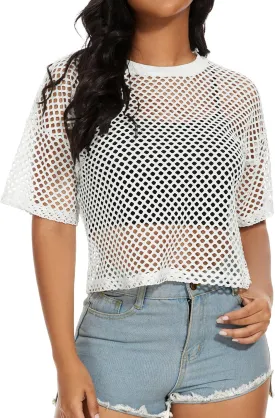 Women's Mesh Fishnet Top See Through Cover Up Short Sleeves T Shirts Sheer Blouse