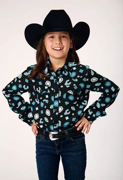 Women's Roper Apparel Black Western Snap Blouse with Turquoise Western Jewelry Allover Print
