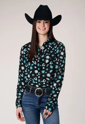 Women's Roper Apparel Black Western Snap Blouse with Turquoise Western Jewelry Allover Print