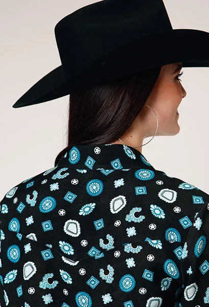 Women's Roper Apparel Black Western Snap Blouse with Turquoise Western Jewelry Allover Print