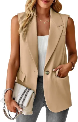 Women's Sleeveless Blazer Vest Casual Open Front Button Vest Lapel Office Cardigan Blazer With Pockets Khaki M