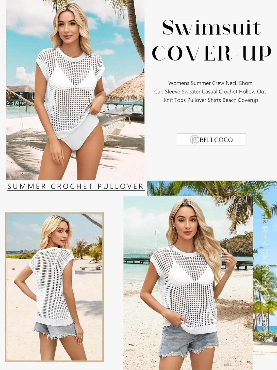 Womens Summer Crochet Tops Hollow Out Cap Sleeve Cover Up Tank Top Pullover Sweater Vest Beach Vacation Clothes