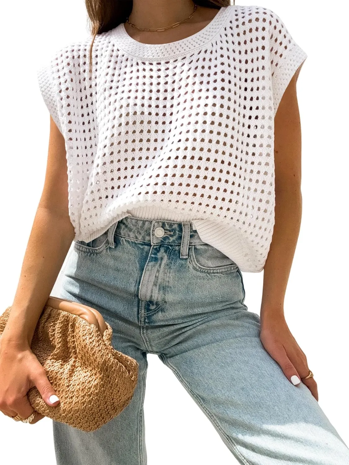 Womens Summer Crochet Tops Hollow Out Cap Sleeve Cover Up Tank Top Pullover Sweater Vest Beach Vacation Clothes
