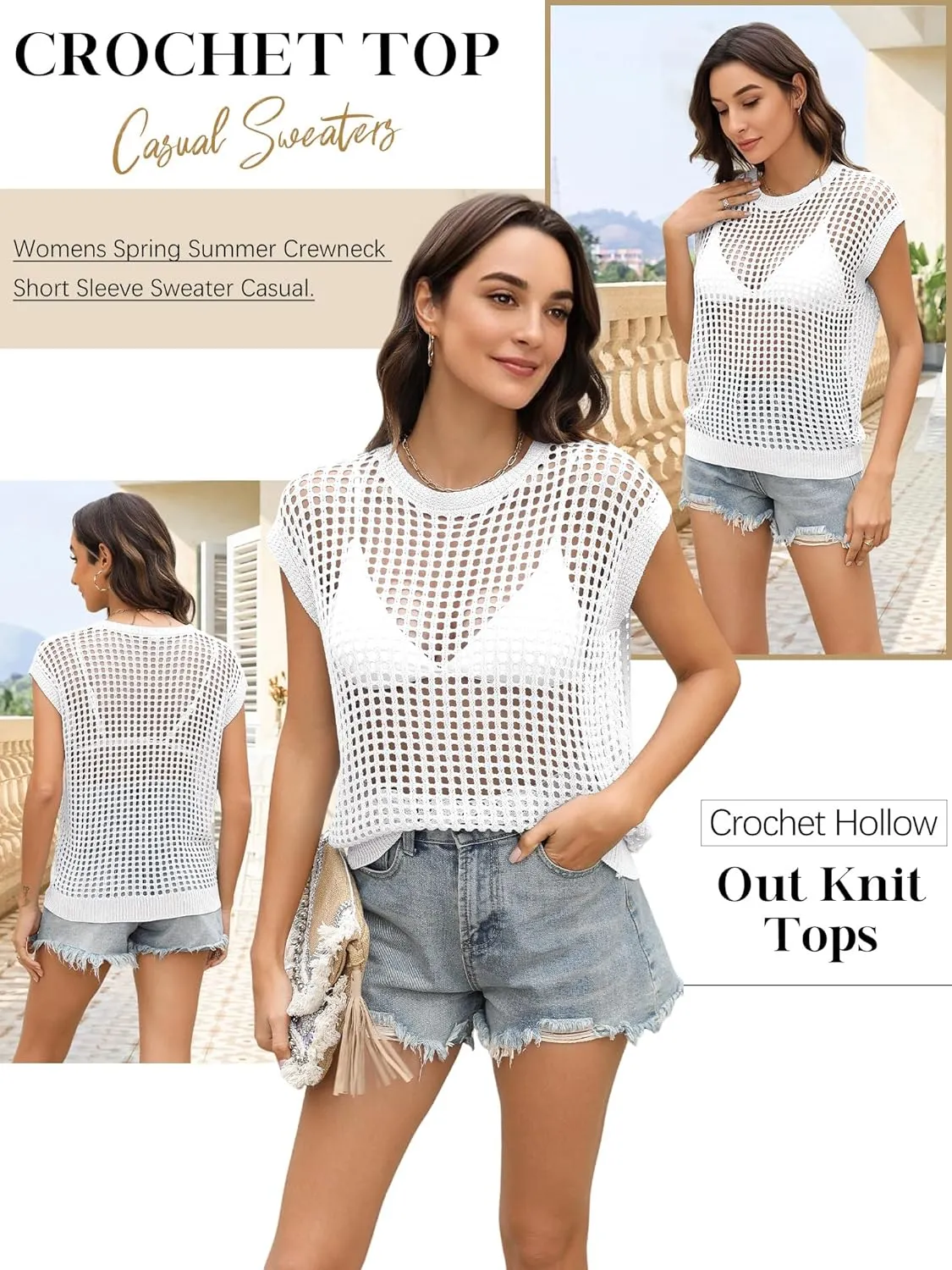 Womens Summer Crochet Tops Hollow Out Cap Sleeve Cover Up Tank Top Pullover Sweater Vest Beach Vacation Clothes