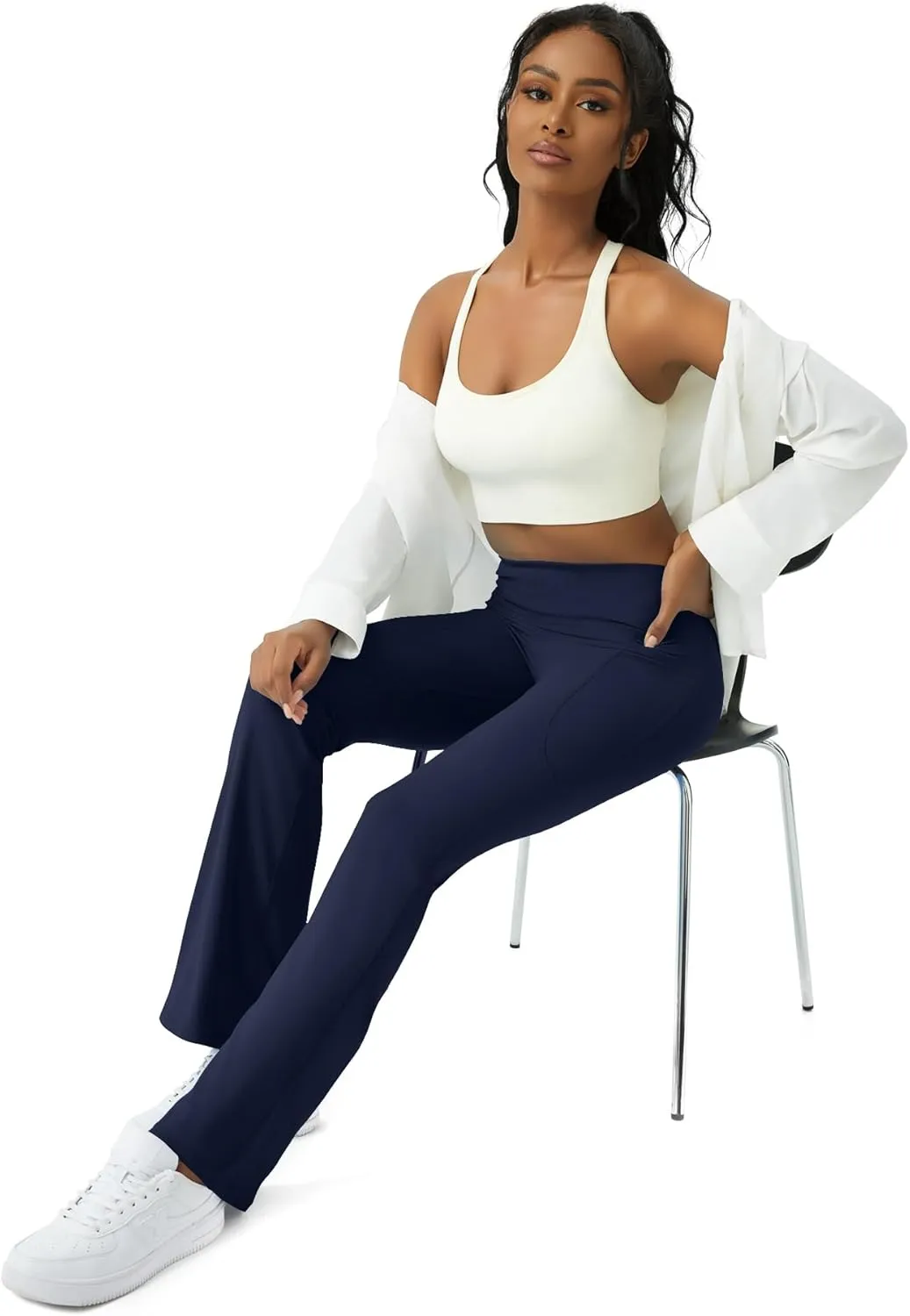 Womens Yoga Pants with Pockets High Waisted Flare Leggings Bell Bottom Yoga Dress Pants Seamless Bootcut Pants