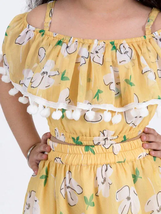 Yellow Floral Print Off Shoulder Top Skirt Set