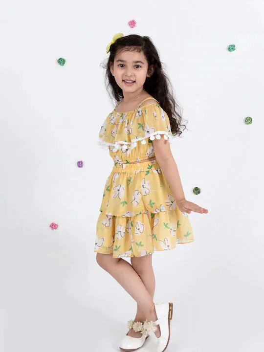 Yellow Floral Print Off Shoulder Top Skirt Set