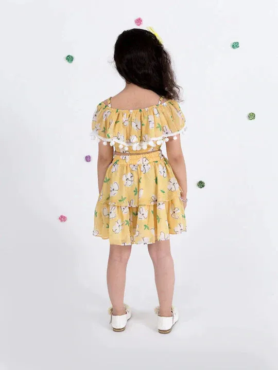 Yellow Floral Print Off Shoulder Top Skirt Set
