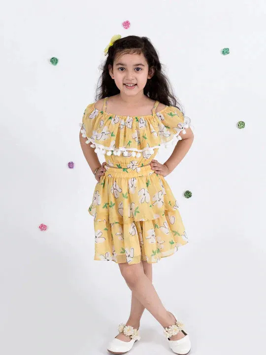 Yellow Floral Print Off Shoulder Top Skirt Set