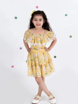 Yellow Floral Print Off Shoulder Top Skirt Set