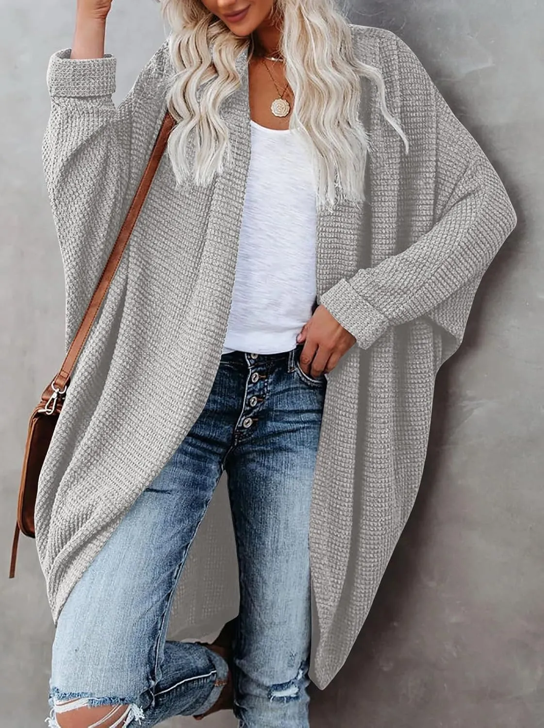 ZoeAce Womens Open Front Knit Cardigan Long Batwing Sleeve Oversized Sweater Chunky Waffle Cable Boho Pockets Coat