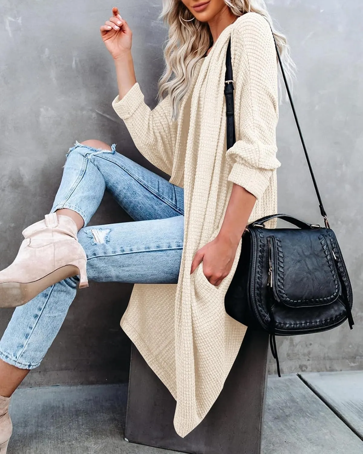 ZoeAce Womens Open Front Knit Cardigan Long Batwing Sleeve Oversized Sweater Chunky Waffle Cable Boho Pockets Coat