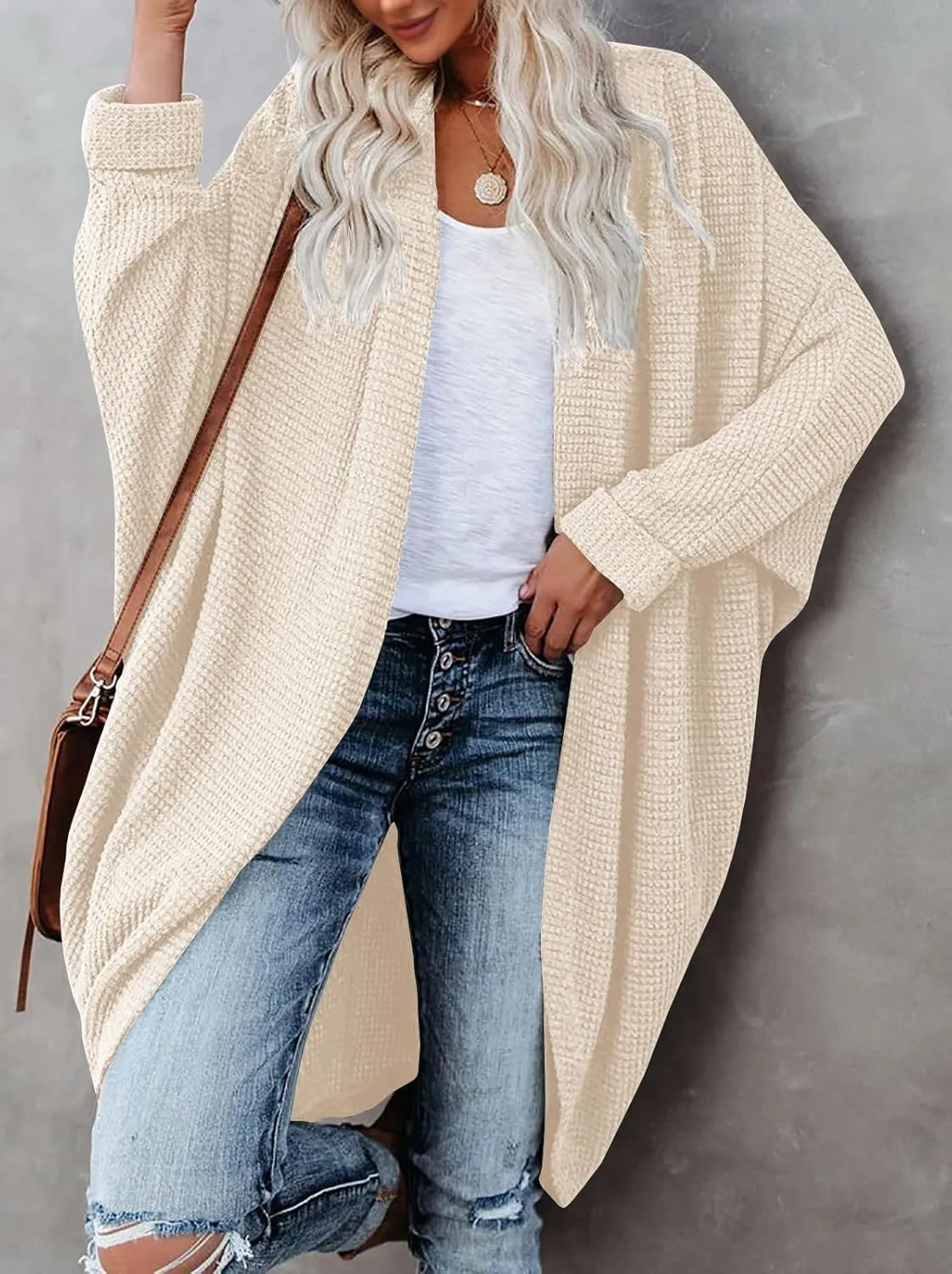 ZoeAce Womens Open Front Knit Cardigan Long Batwing Sleeve Oversized Sweater Chunky Waffle Cable Boho Pockets Coat
